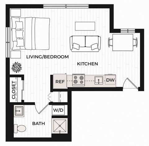 Floor plan for studio, 1 bath, 519 sqft